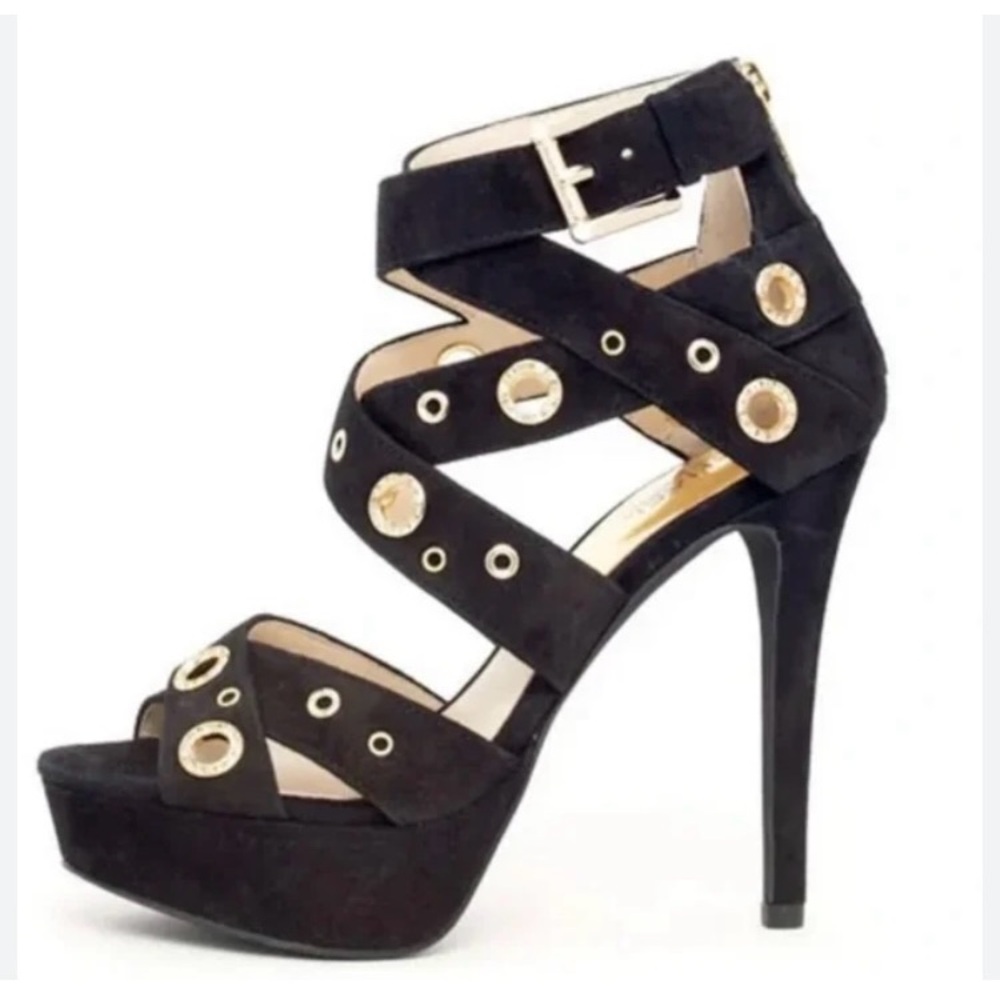 Michael Kors Delilah Black Suede Grommet Platform Strappy Heels, size 8